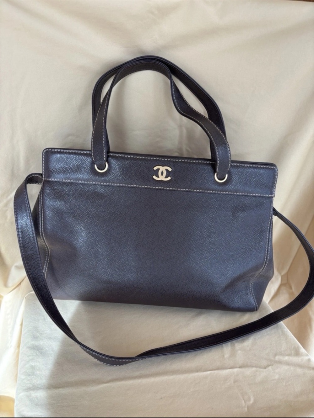 CHANEL Black Caviar Leather Shoulder Tote with Gold CC